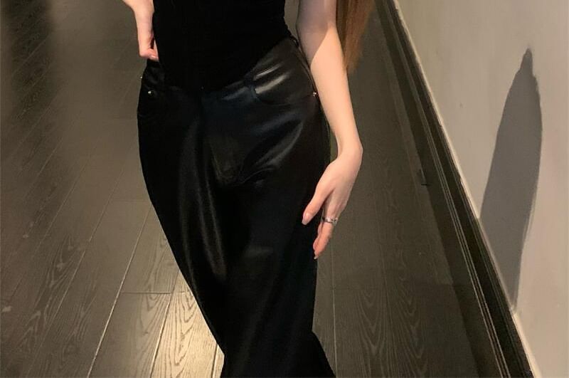 High Camisole / Square Neck Flared Rise Plain Pants Faux Leather Top