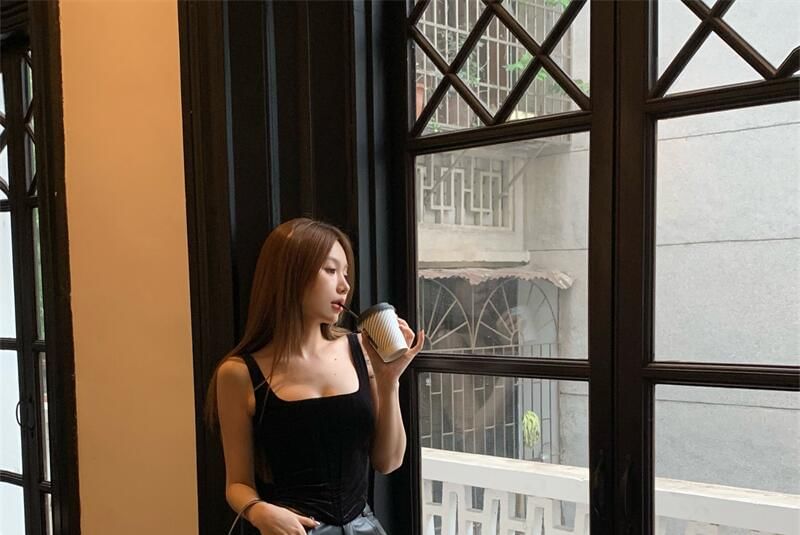 High Camisole / Square Neck Flared Rise Plain Pants Faux Leather Top