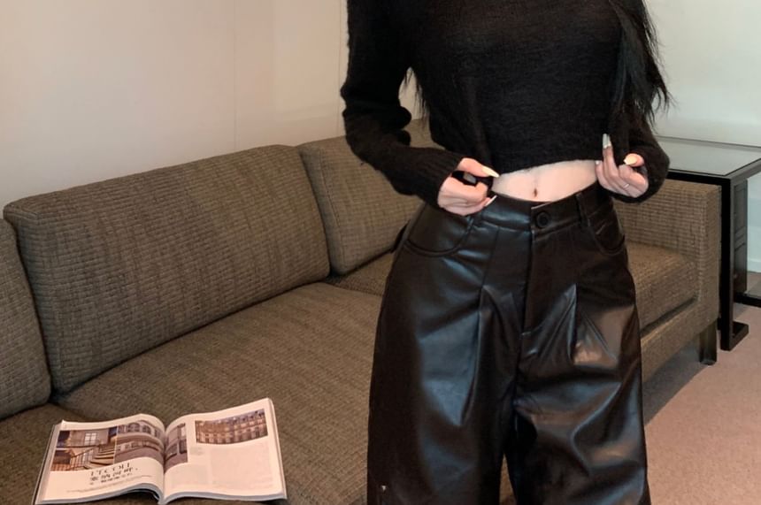 Top Faux Crop Leg Leather Plain Long-Sleeve Pants Rise Round High / Neck Wide