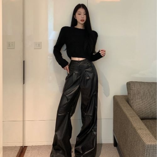 Top Faux Crop Leg Leather Plain Long-Sleeve Pants Rise Round High / Neck Wide