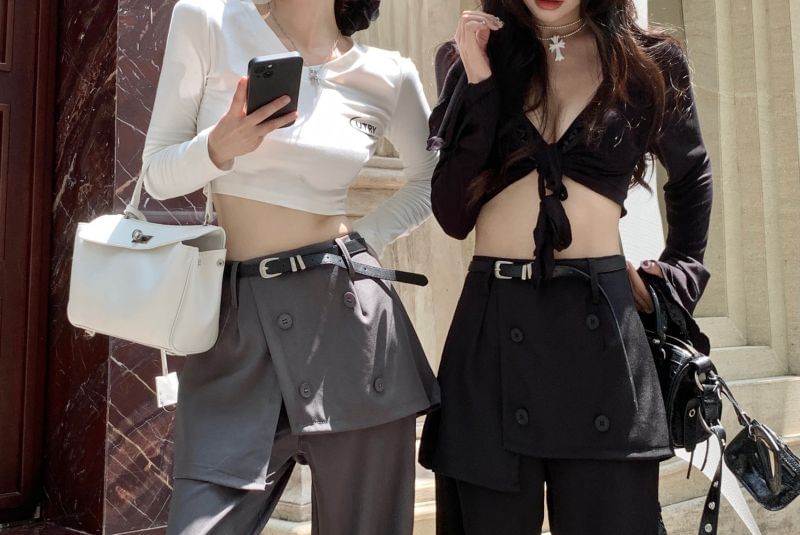 Pants Skirt Overlay Flared High Waist Plain