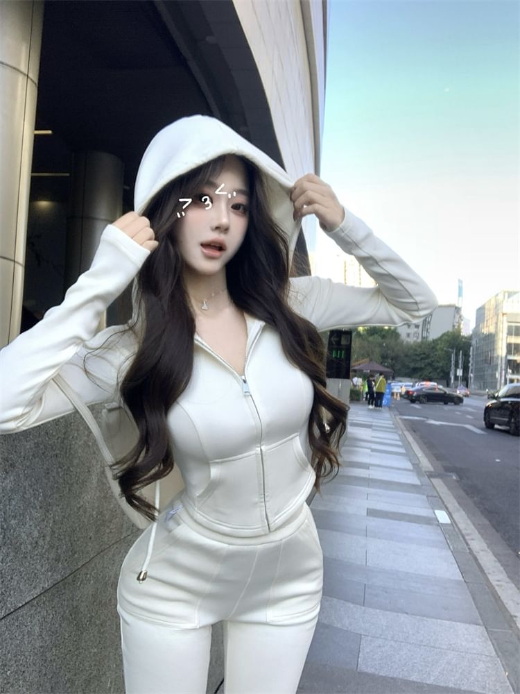 Hoodie Zip Crop High Plain / Sweatpants Flared Waist