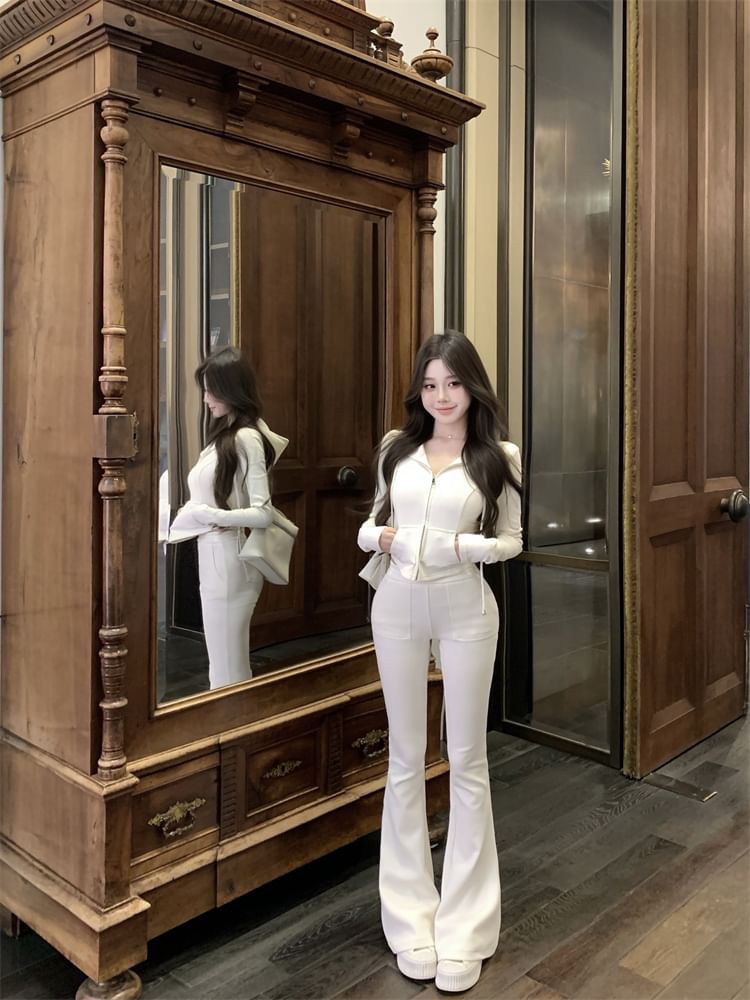 Hoodie Zip Crop High Plain / Sweatpants Flared Waist