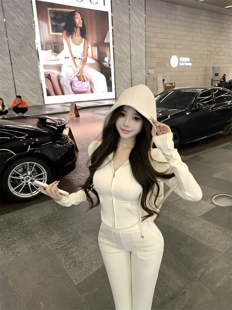 Hoodie Zip Crop High Plain / Sweatpants Flared Waist