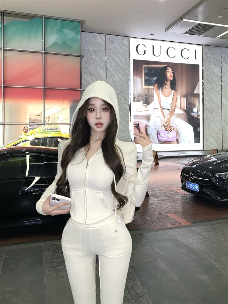 Hoodie Zip Crop High Plain / Sweatpants Flared Waist