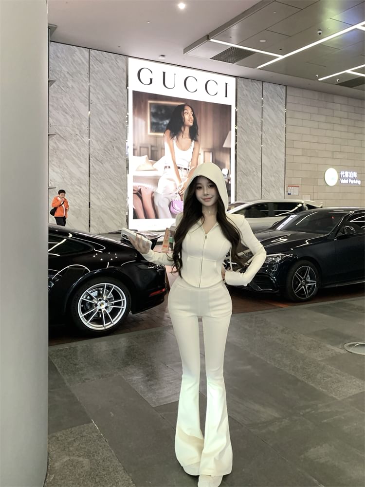 Hoodie Zip Crop High Plain / Sweatpants Flared Waist