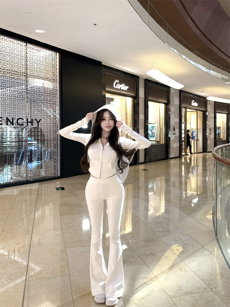 Hoodie Zip Crop High Plain / Sweatpants Flared Waist