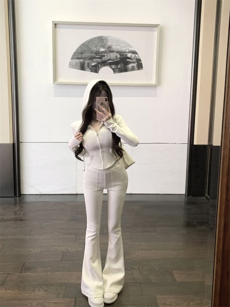 Hoodie Zip Crop High Plain / Sweatpants Flared Waist