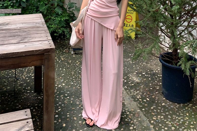 Leg Wide Tube Plain Top Waist Strapless Drawstring Pants /