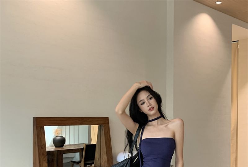 Leg Wide Tube Plain Top Waist Strapless Drawstring Pants /