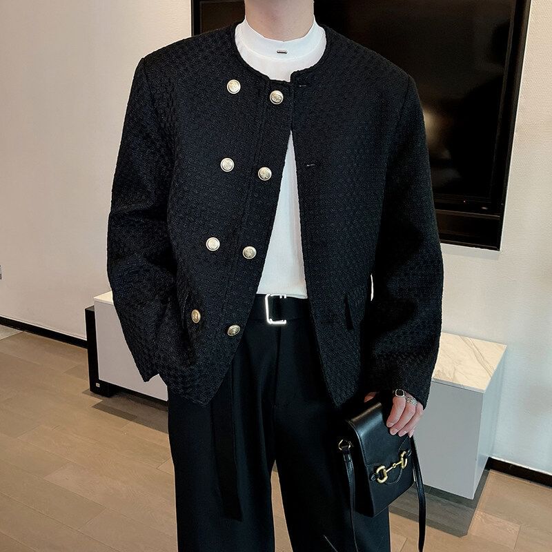 Round Neck Plain Tweed Double Breasted Jacket