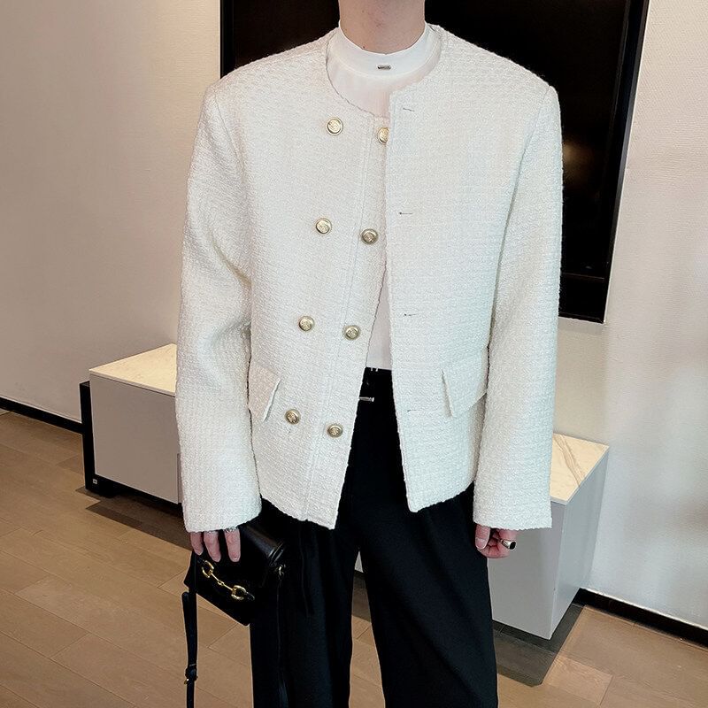 Round Neck Plain Tweed Double Breasted Jacket