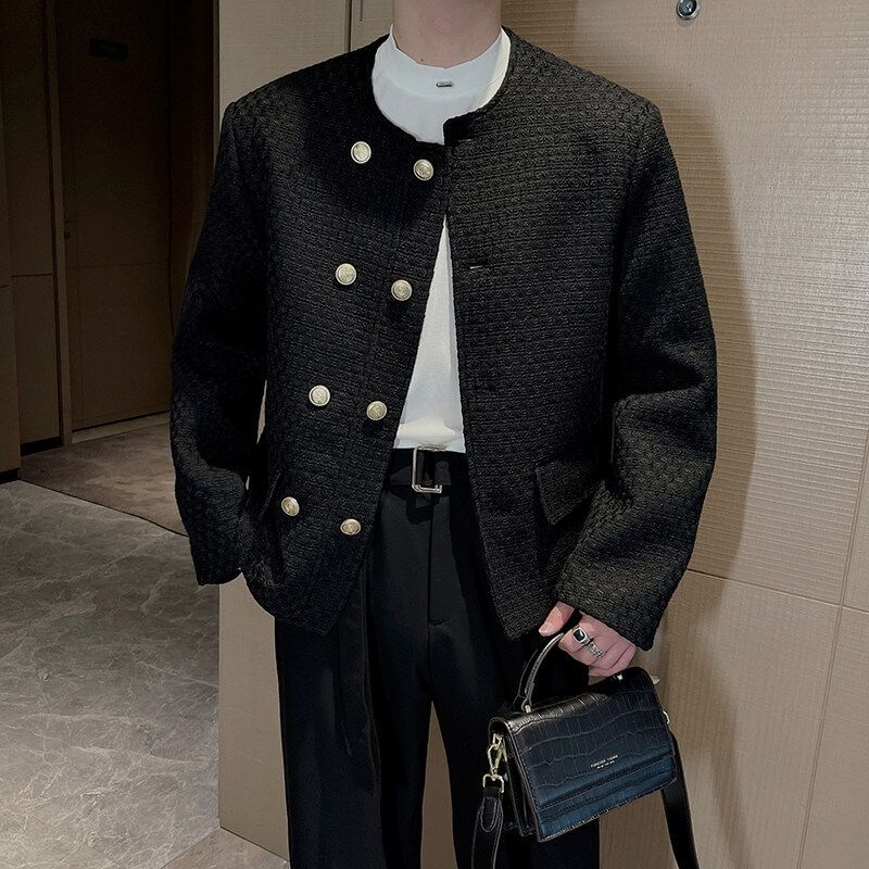 Round Neck Plain Tweed Double Breasted Jacket