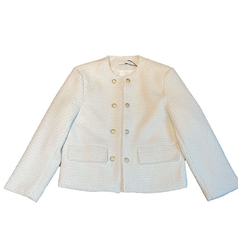 Round Neck Plain Tweed Double Breasted Jacket