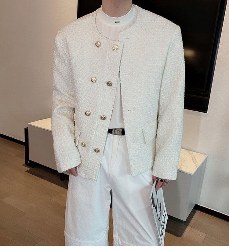 Round Neck Plain Tweed Double Breasted Jacket