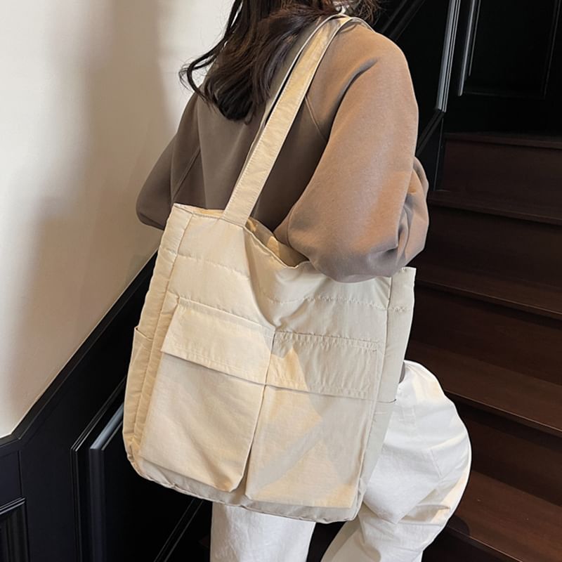 Tote Plain Flap Fabric Bag Pocket