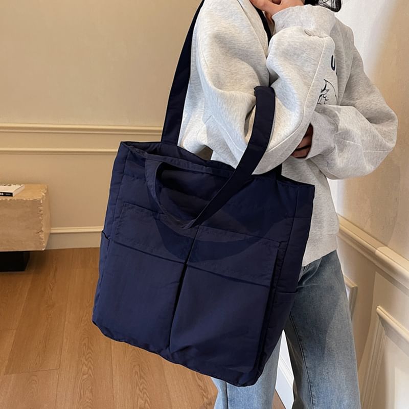 Tote Plain Flap Fabric Bag Pocket