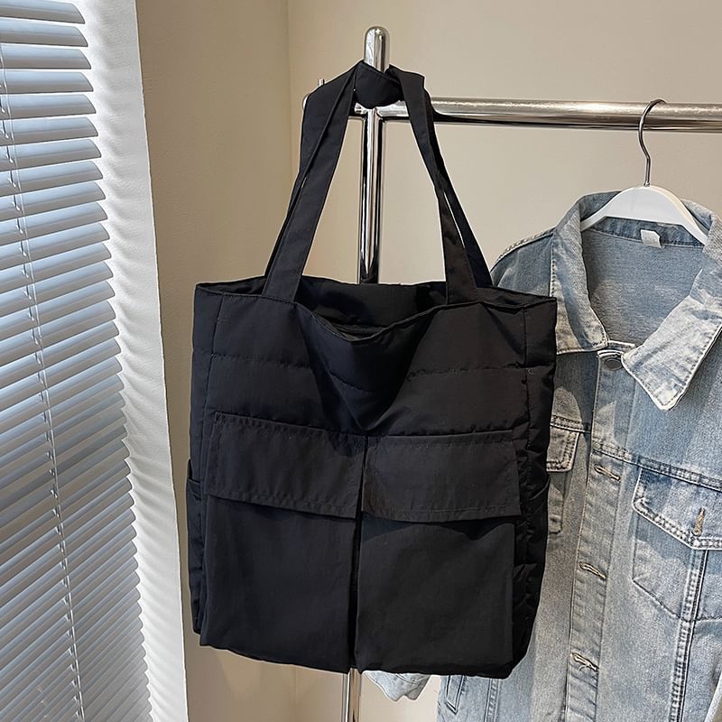 Tote Plain Flap Fabric Bag Pocket