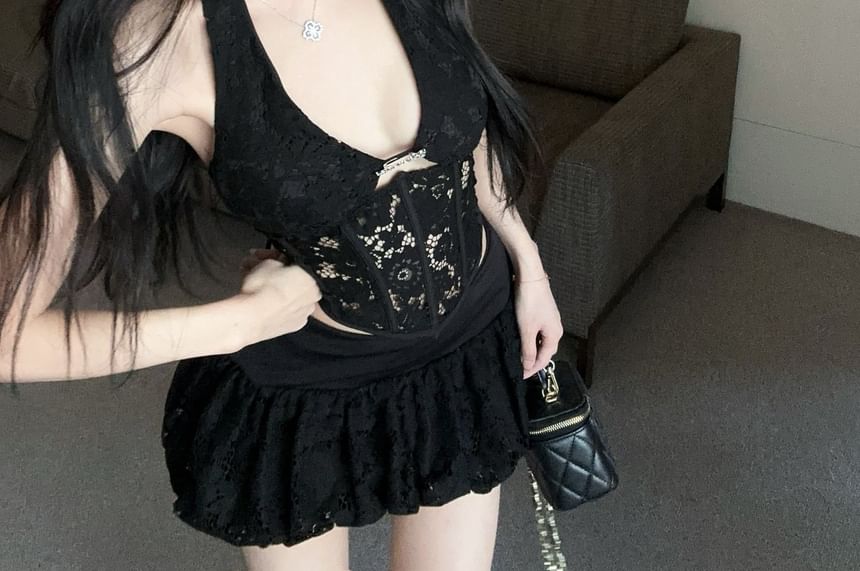 Halter Lace Bustier Top with Mid-Rise Mini Flared Skirt