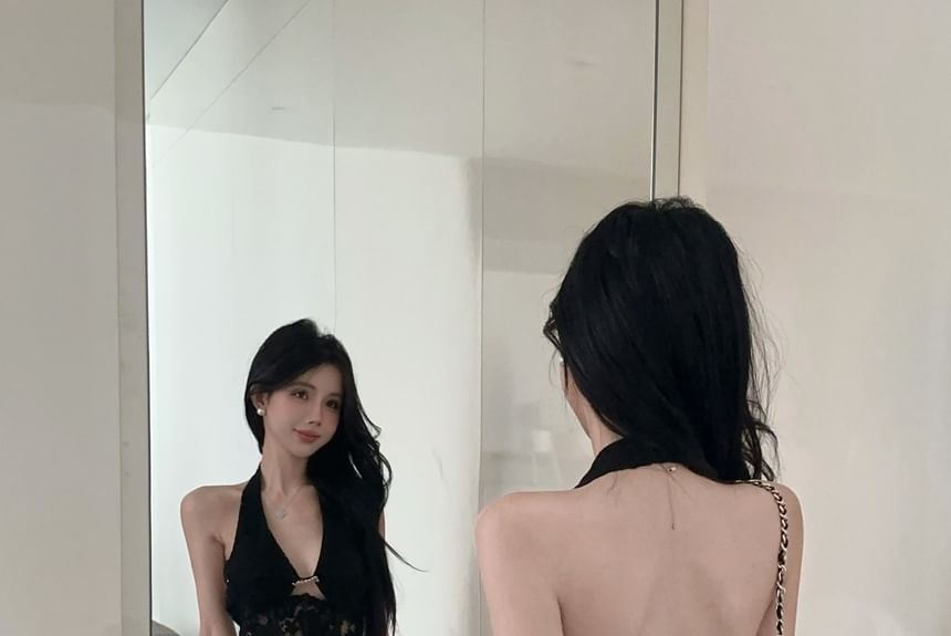 Halter Lace Bustier Top with Mid-Rise Mini Flared Skirt