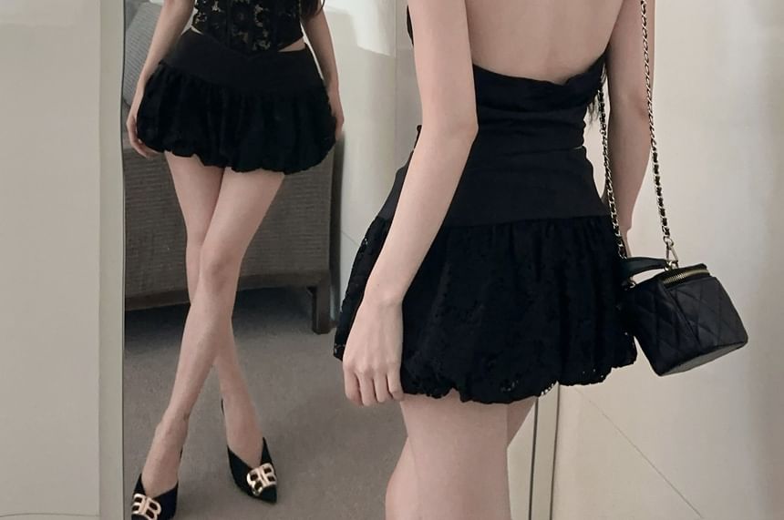 Halter Lace Bustier Top with Mid-Rise Mini Flared Skirt