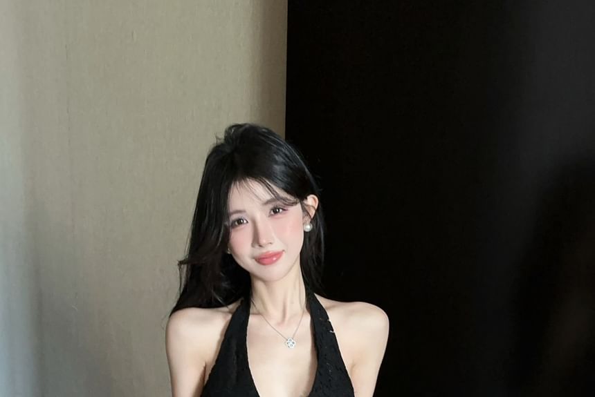 Halter Lace Bustier Top with Mid-Rise Mini Flared Skirt