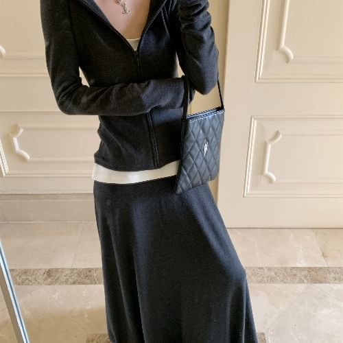 Zip-Up Hoodie with High-Rise Maxi Flared Skirt