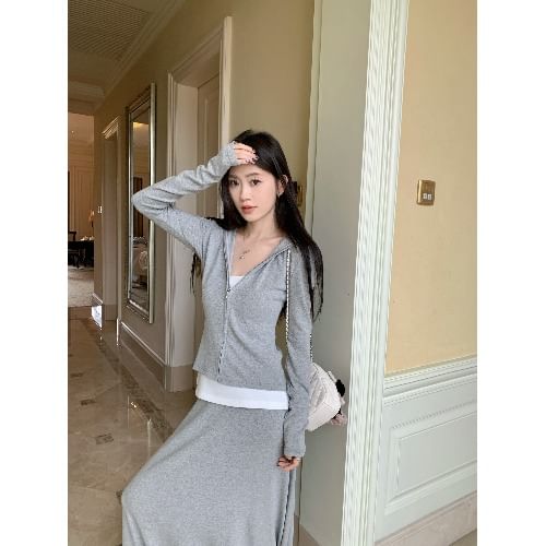 Zip-Up Hoodie with High-Rise Maxi Flared Skirt