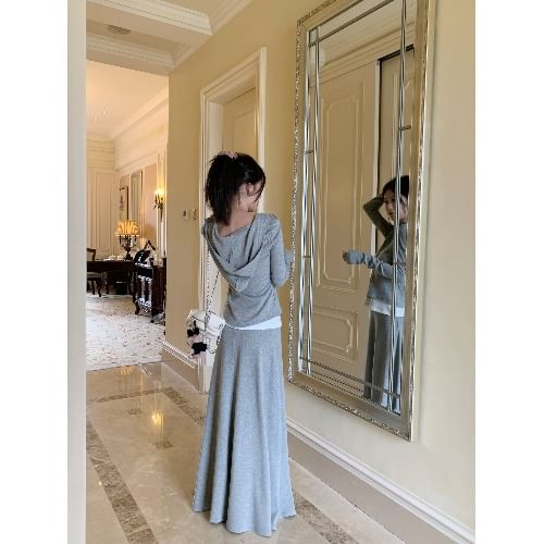 Zip-Up Hoodie with High-Rise Maxi Flared Skirt