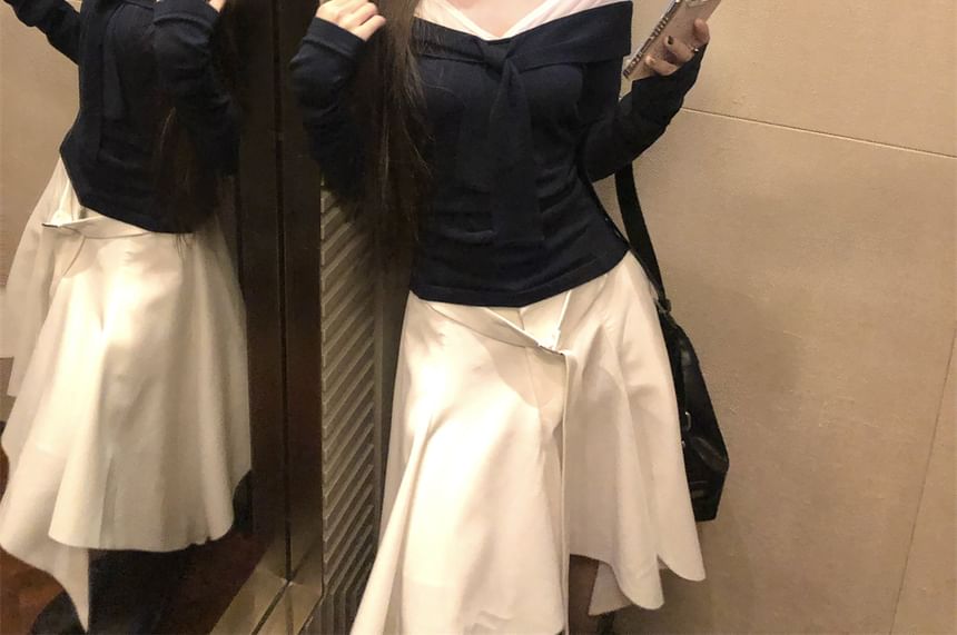 V-Neck Knotted Two-Piece Top with Asymmetric Midi Flared Skirt