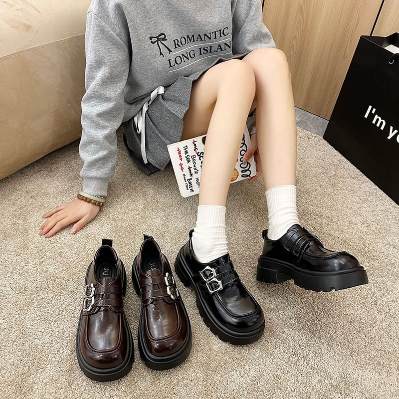 Shoes Leather Faux Buckled Platform Plain