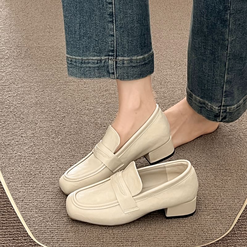 Chunky Plain Penny Leather Heel Faux Loafers