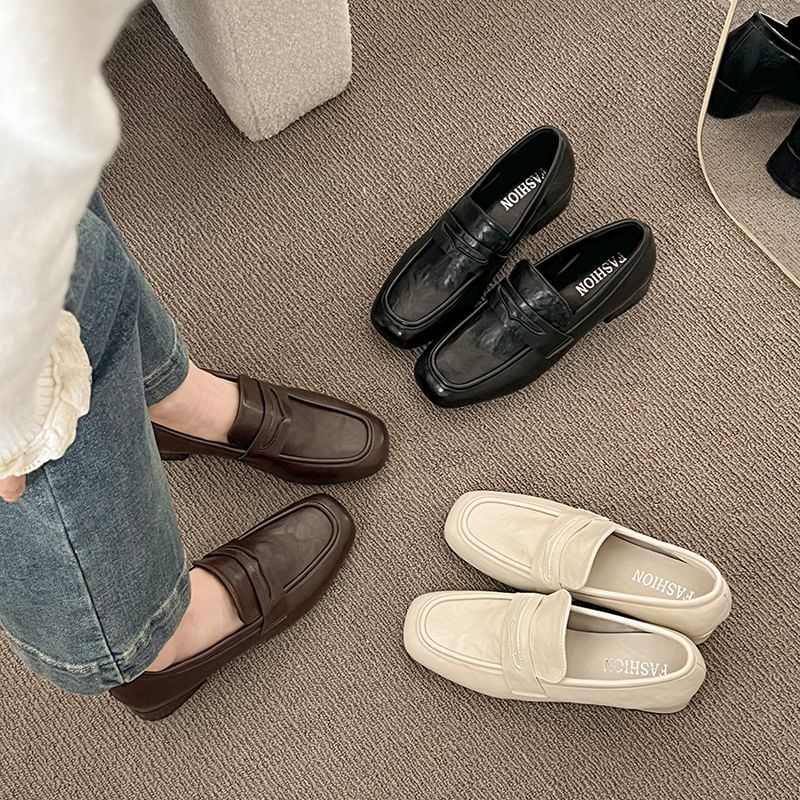 Chunky Plain Penny Leather Heel Faux Loafers