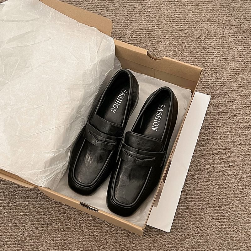 Chunky Plain Penny Leather Heel Faux Loafers
