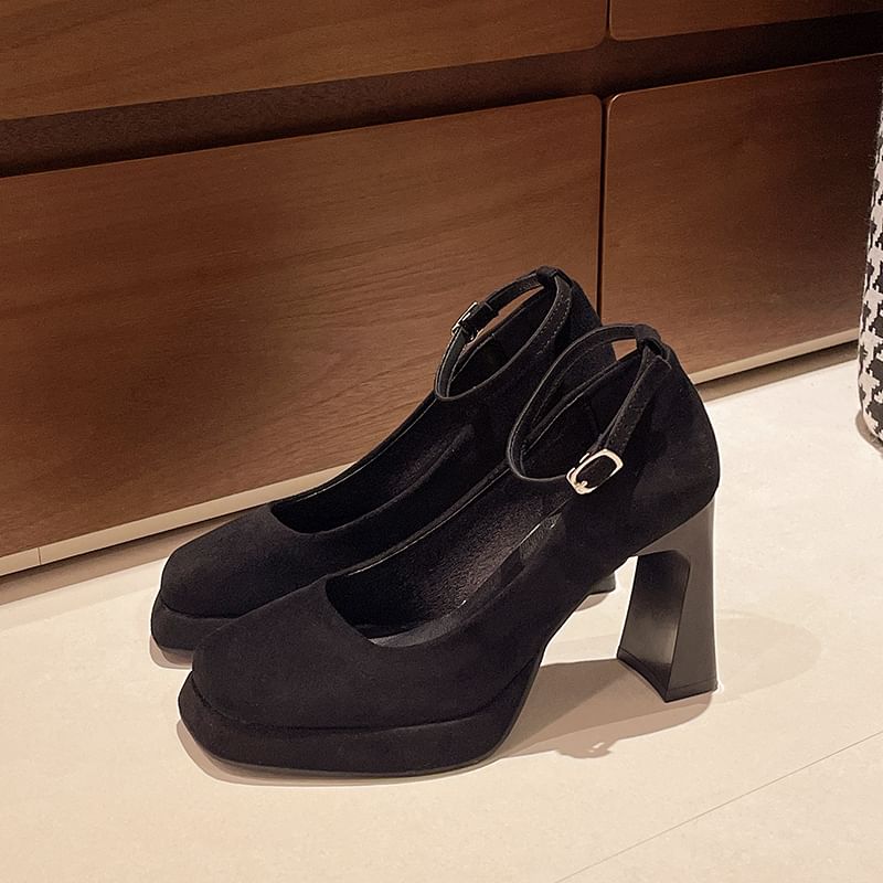 Chunky Toe Strap Plain Pumps Ankle Heel Square