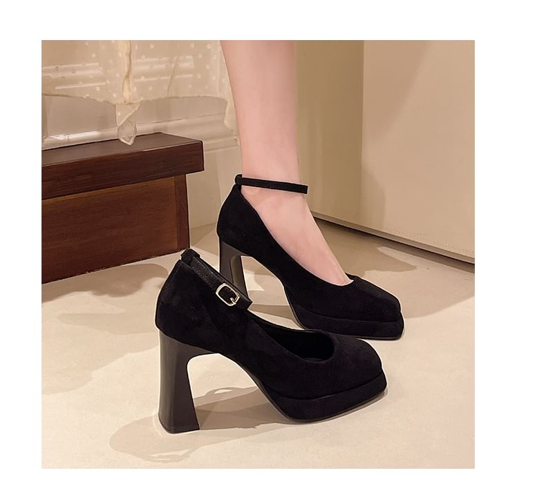 Chunky Toe Strap Plain Pumps Ankle Heel Square