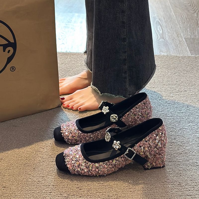 Accent Pumps Heel Metal Jane Mary Sequin Chunky