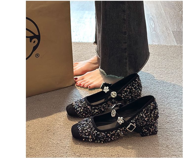 Accent Pumps Heel Metal Jane Mary Sequin Chunky