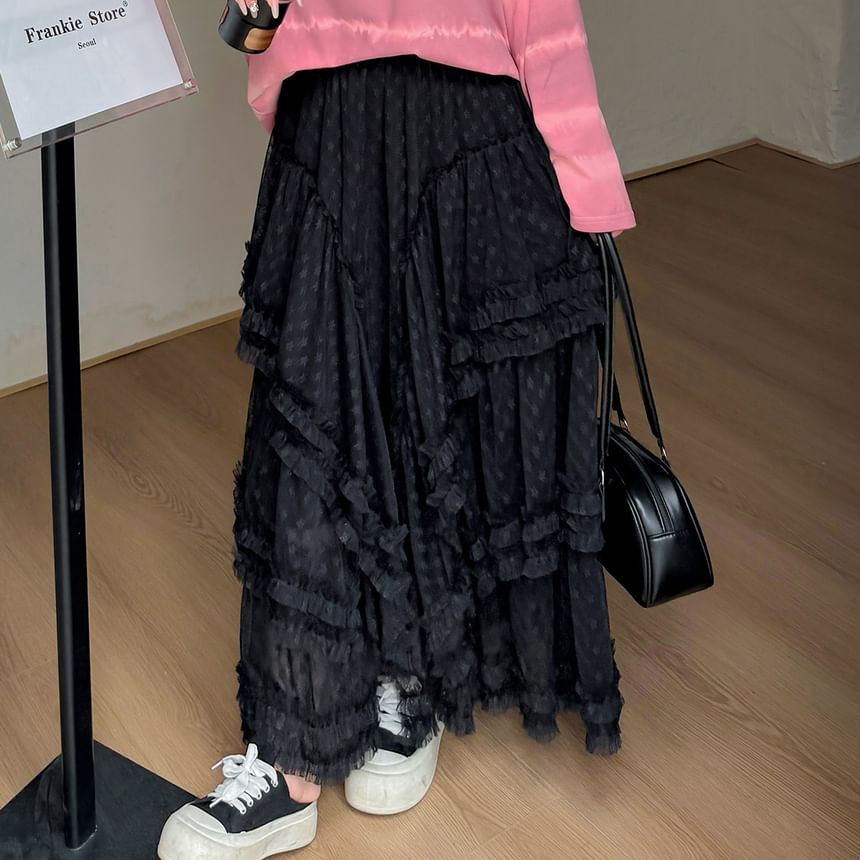 Flowing Lace-Trimmed Maxi Flared Skirt with Elevated Waistband
