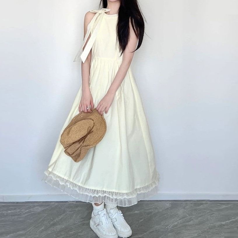 A-Line Maxi Dress Panel Sleeveless Plain Bow Mesh Neck Round