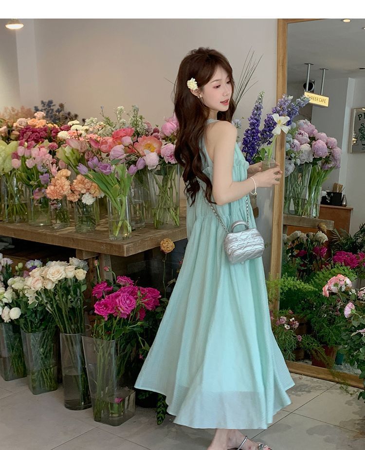 A-Line Sleeveless Neck Dress Midi Round Panel Plain