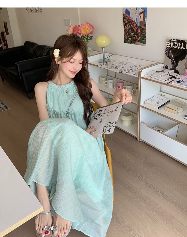 A-Line Sleeveless Neck Dress Midi Round Panel Plain