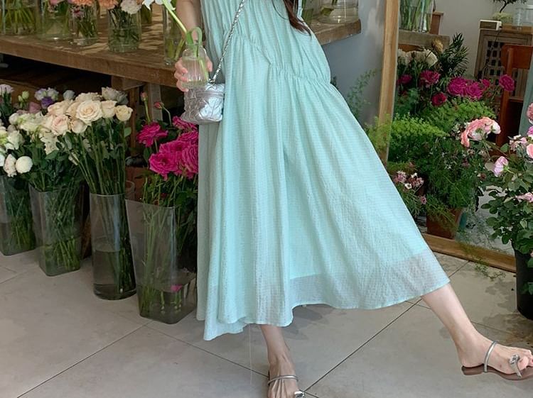 A-Line Sleeveless Neck Dress Midi Round Panel Plain