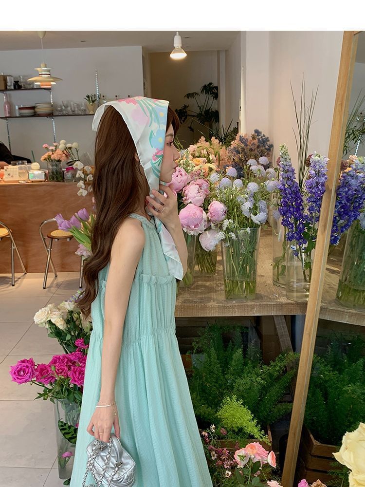 A-Line Sleeveless Neck Dress Midi Round Panel Plain