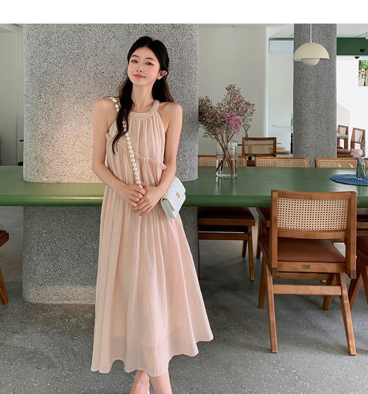 A-Line Sleeveless Neck Dress Midi Round Panel Plain