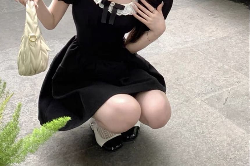 Bow Ruffle Sleeve Mini Dress Puff Neck Round A-Line