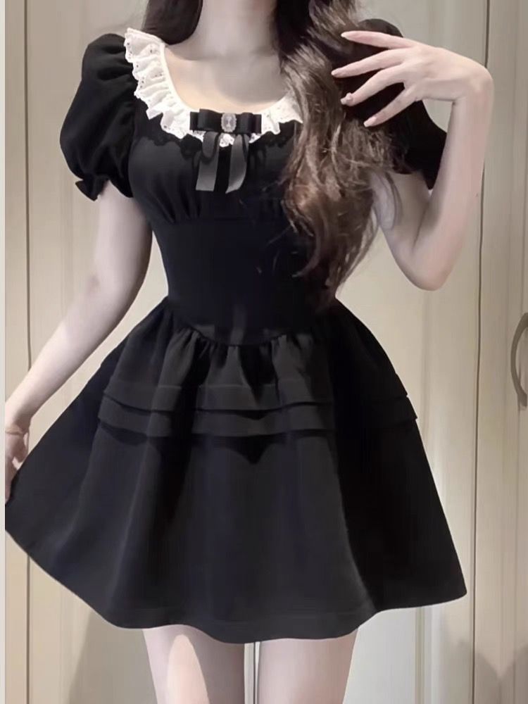 Bow Ruffle Sleeve Mini Dress Puff Neck Round A-Line