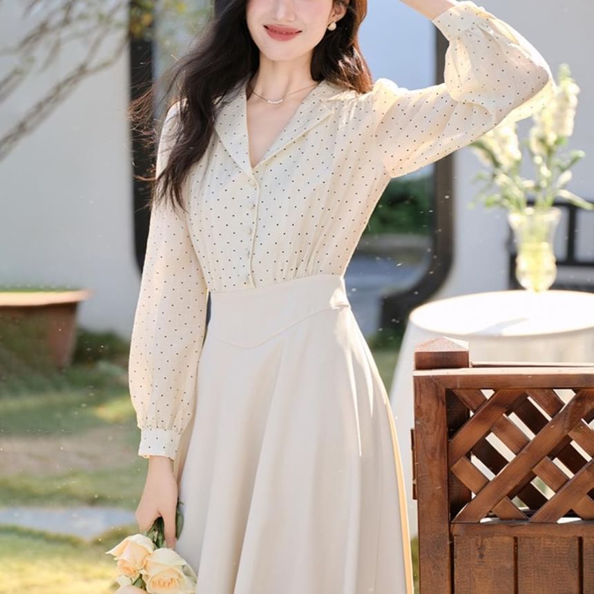 Dotted Collared Mock Two-Piece Long Sleeve A-Line Maxi