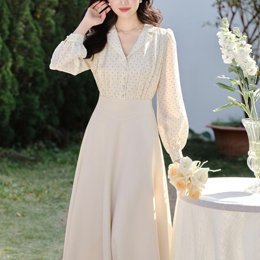 Dotted Collared Mock Two-Piece Long Sleeve A-Line Maxi