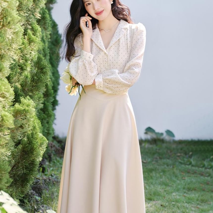 Dotted Collared Mock Two-Piece Long Sleeve A-Line Maxi